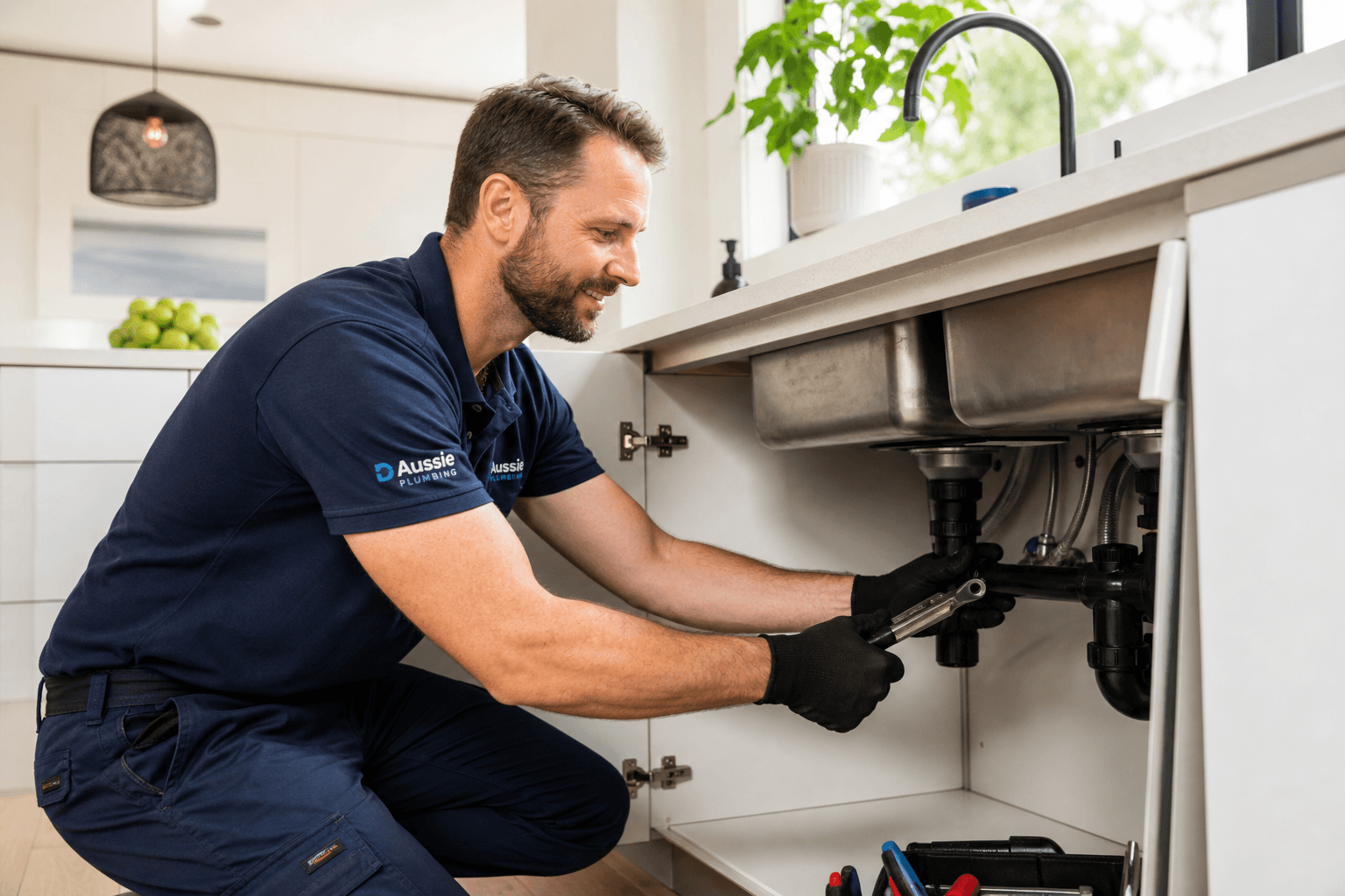KeyTrade plumber repairing a kitchen sink in a Sydney home