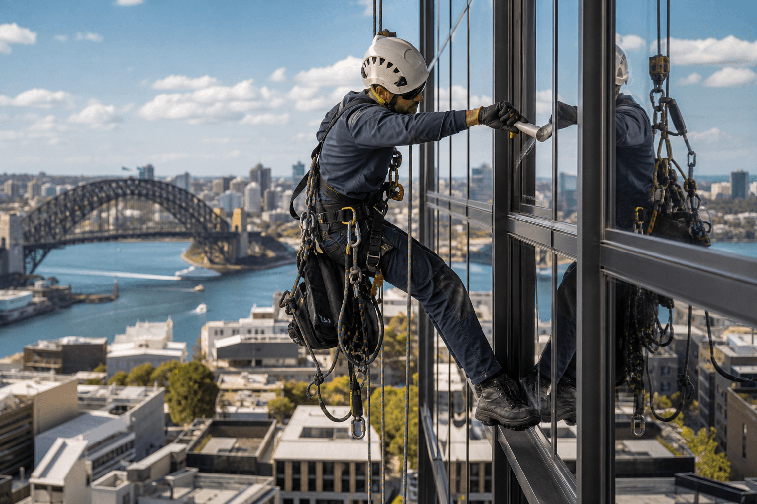 KeyTrade rope access technician working on Sydney building facade