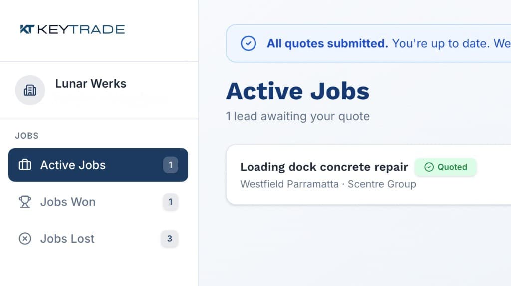 Tradie portal — active jobs, quotes, and job outcomes